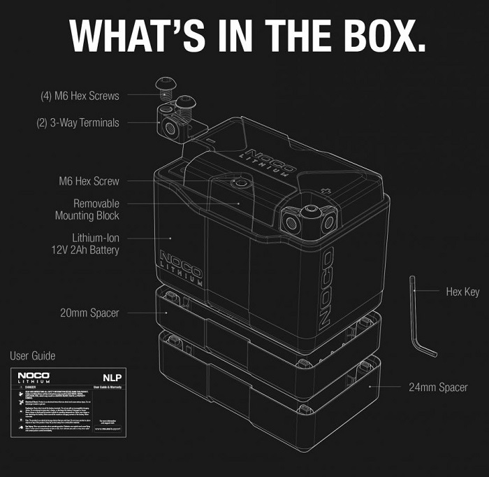 NOCO NLP5 What's In The Box Kit Powersport Lithium Battery User Guide Hex Key Hex Screws Modular Spacers included